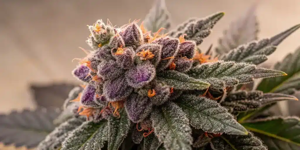 gros plan de tête de cannabis violette avec trichomes givrés et pistils orange