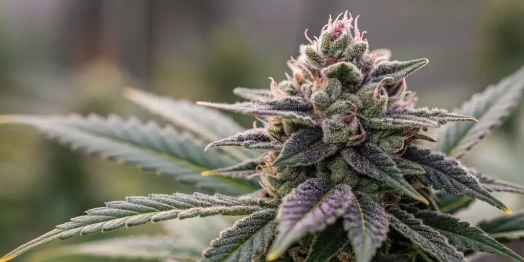 gros plan de tête de cannabis violette avec trichomes givrés