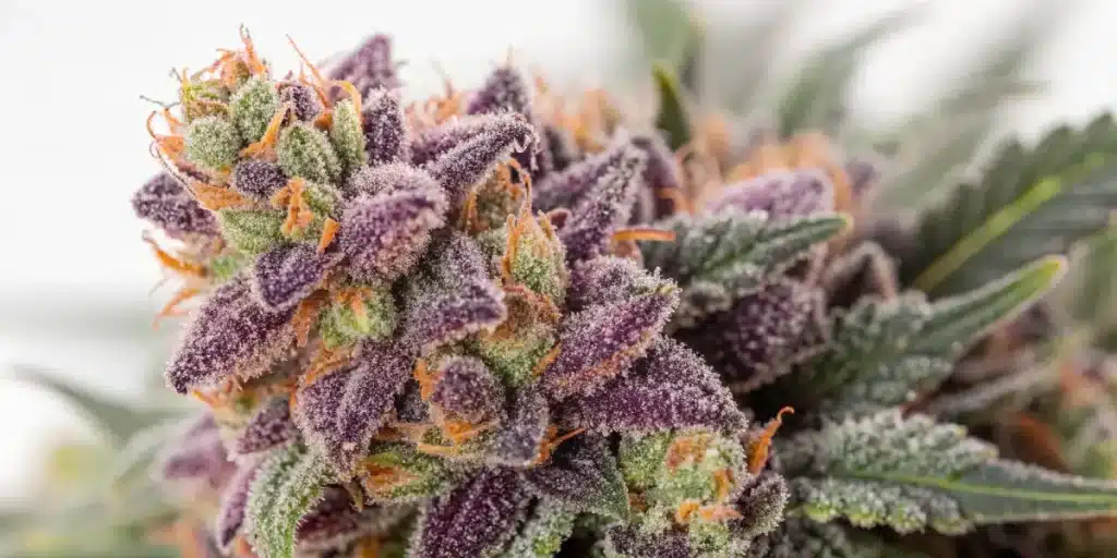 gros plan de tête de cannabis violette avec trichomes et pistils orange