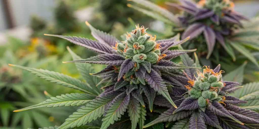gros plan de têtes de cannabis violettes avec trichomes et pistils orange