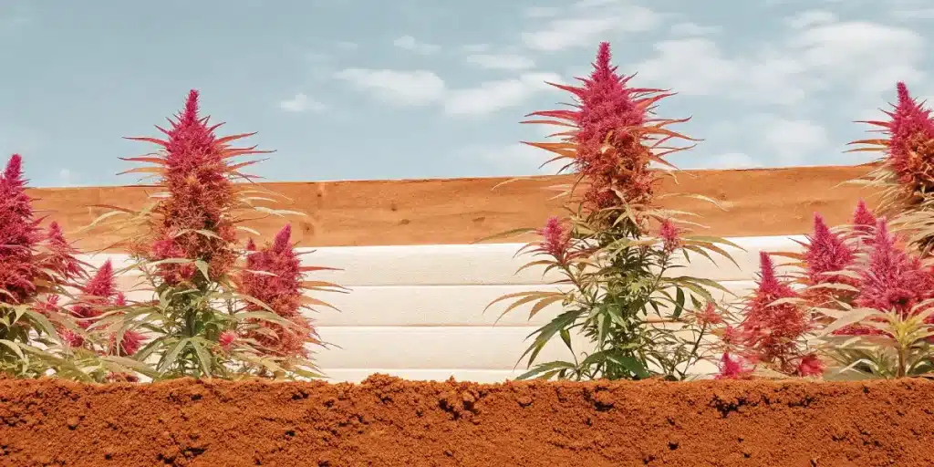 plantes de cannabis rouges en extérieur avec fleurs colorées