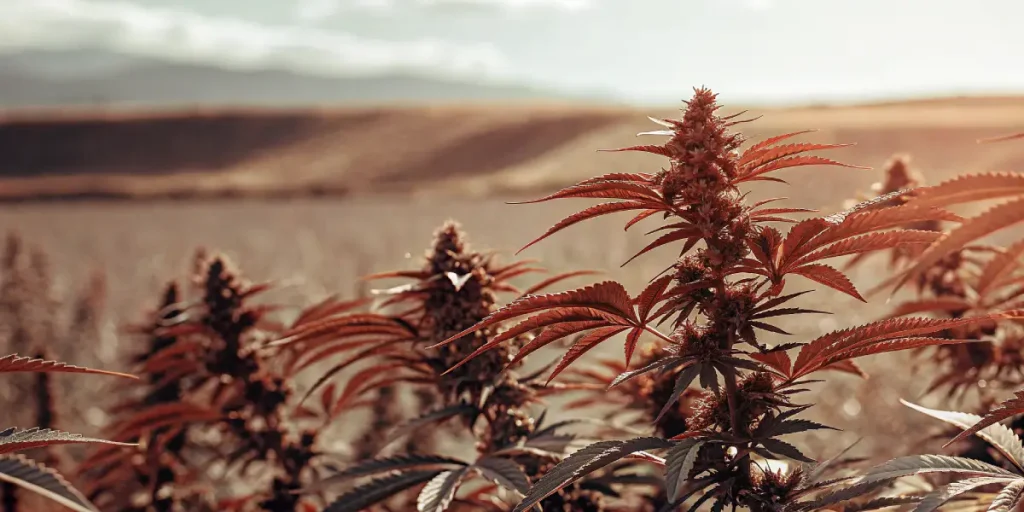 plantes de cannabis rouges en extérieur dans un champ au coucher du soleil