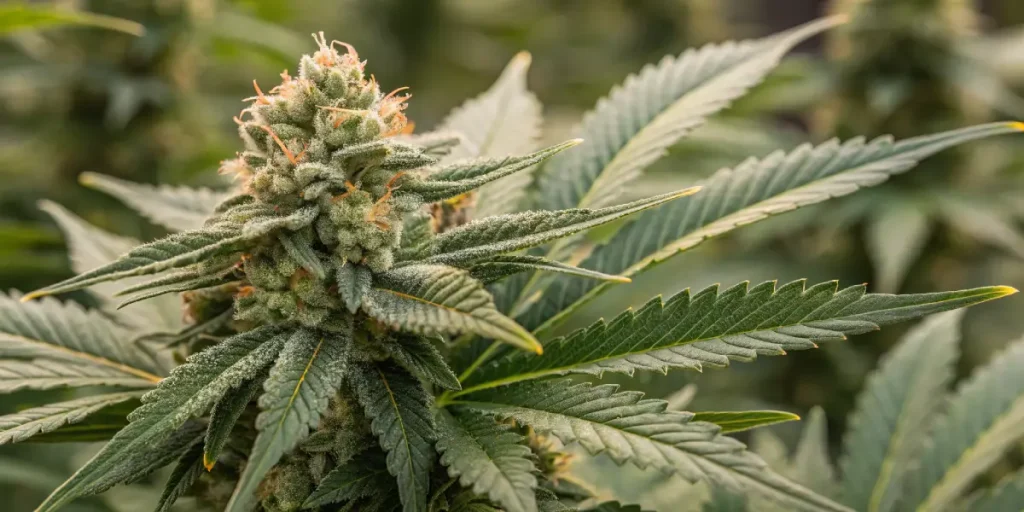 tête de cannabis en extérieur avec trichomes en gros plan