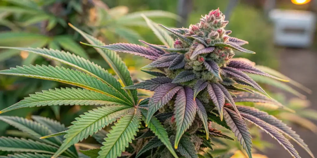 tête de cannabis violette en gros plan cultivée en extérieur