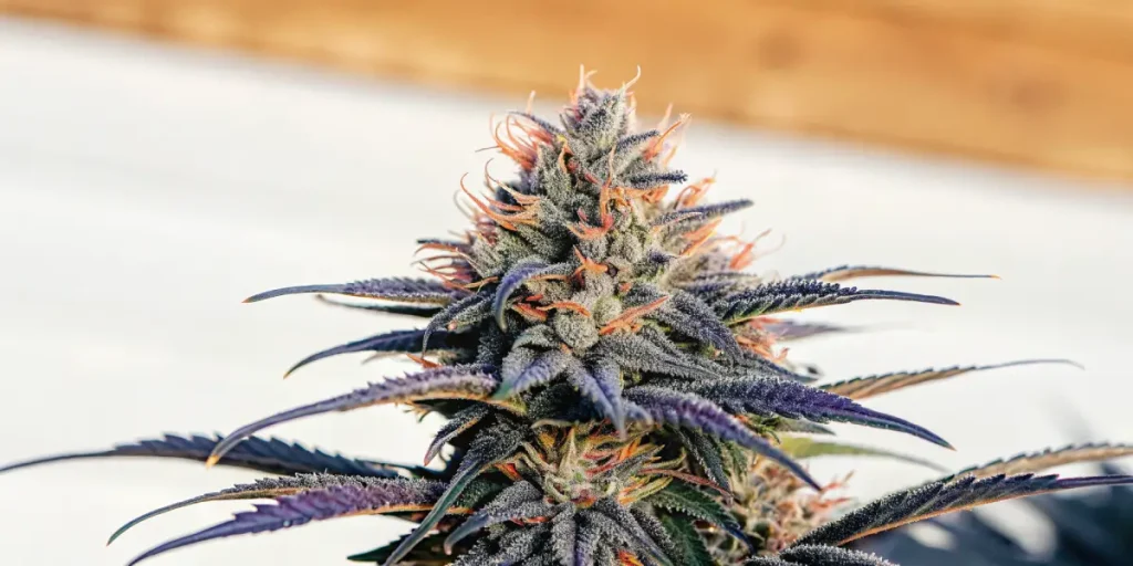 gros plan d’une tête de cannabis violette avec trichomes et pistils orange